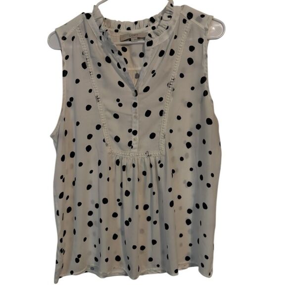 🌹LOFT DOTTED LACE TRIM MIXED MEDIA SHELL BLOUSE - Picture 3 of 7